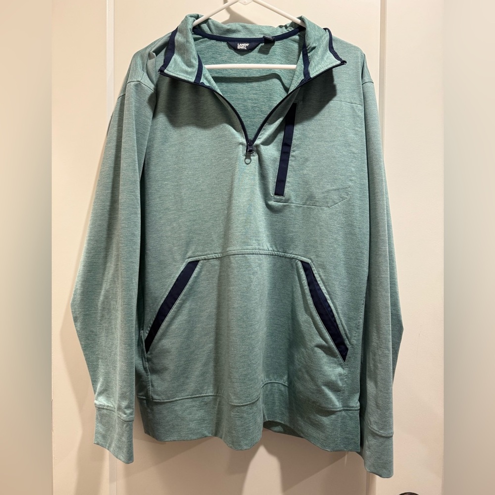 Lands’ End Green Quarter-Zip Pullover sweater with‎ Navy Accents  Size XL